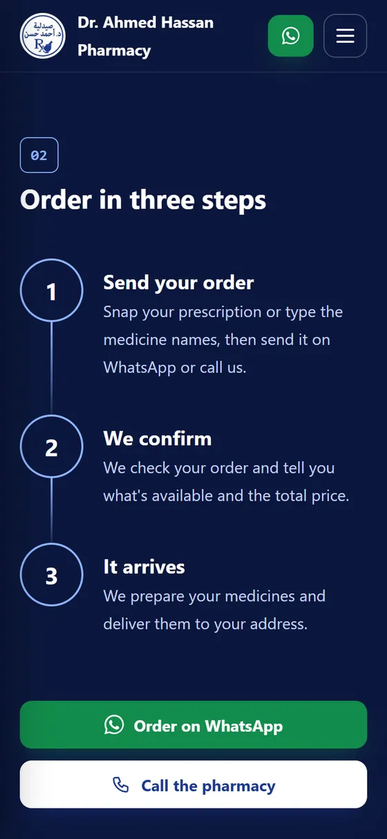 Dr. Ahmed Hassan Pharmacy — The ordering steps on mobile