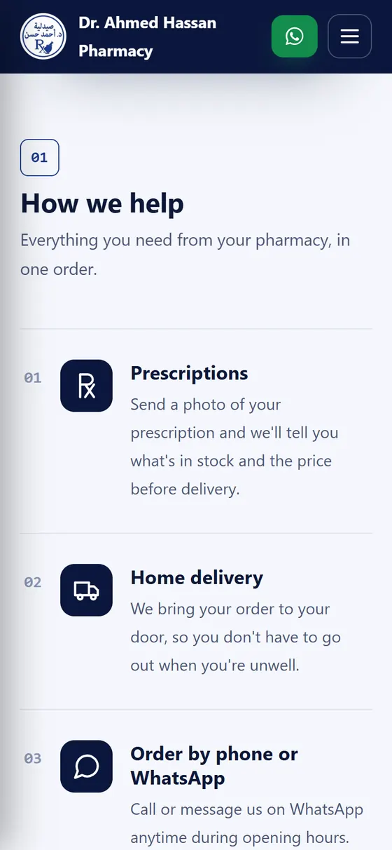 Dr. Ahmed Hassan Pharmacy — The pharmacy services section on mobile