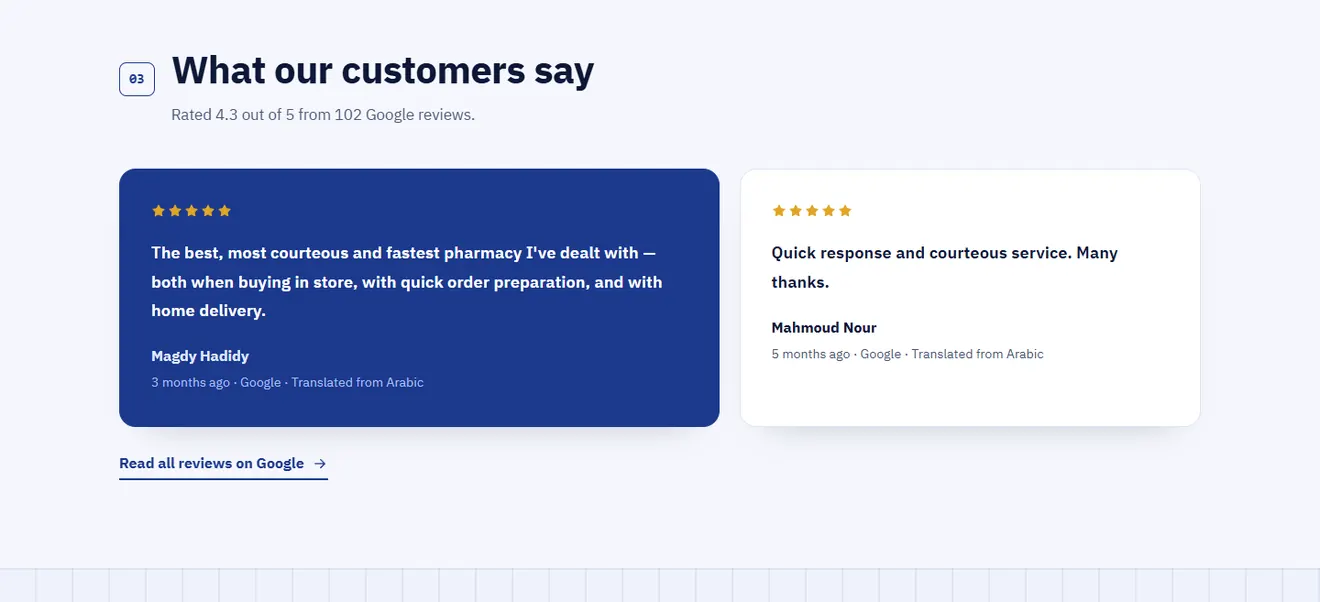 The customer reviews section taken from Google on the pharmacy site