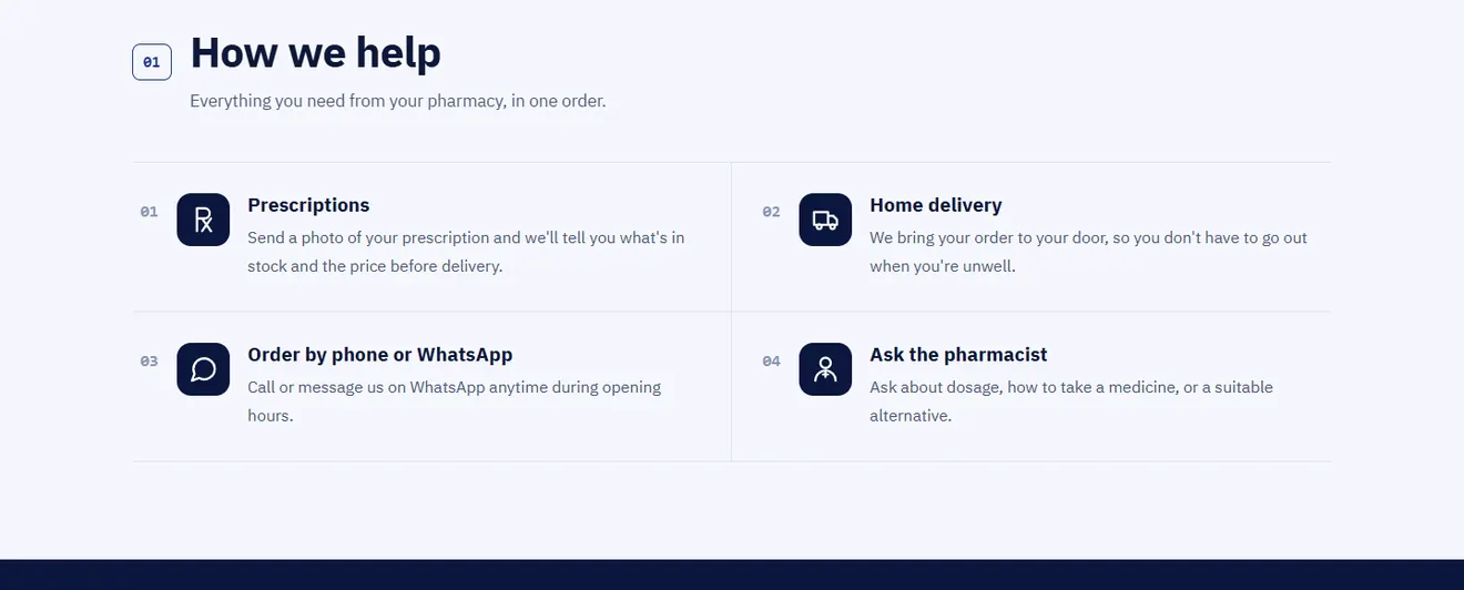 The services section of Dr. Ahmed Hassan Pharmacy: prescriptions, delivery, WhatsApp orders and pharmacist advice