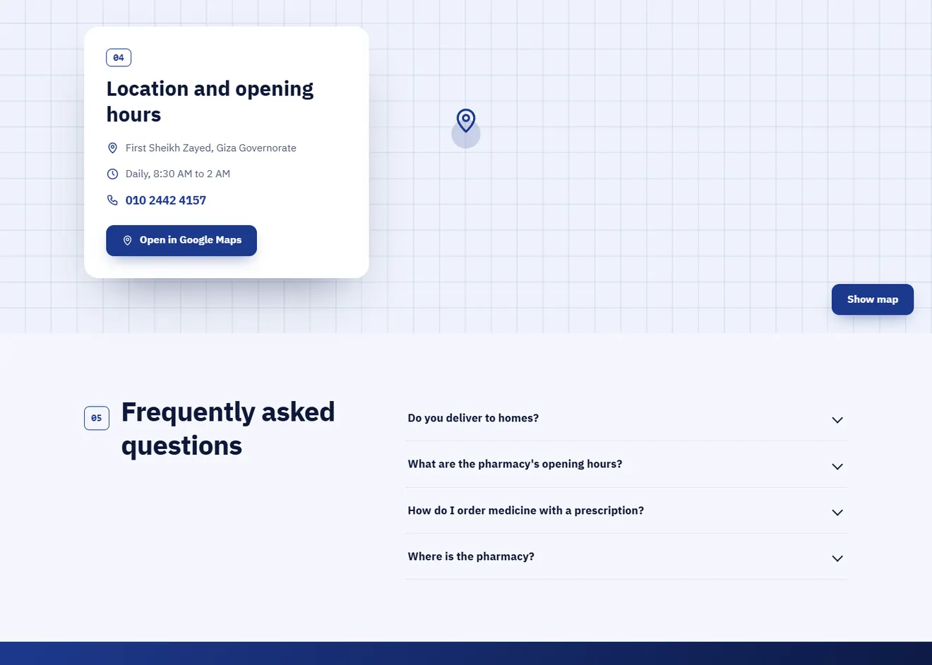 The address, opening hours and FAQ sections of the pharmacy site