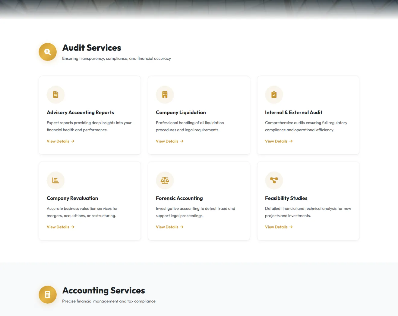 The services page of the Al Ofoq Al Zahabi firm