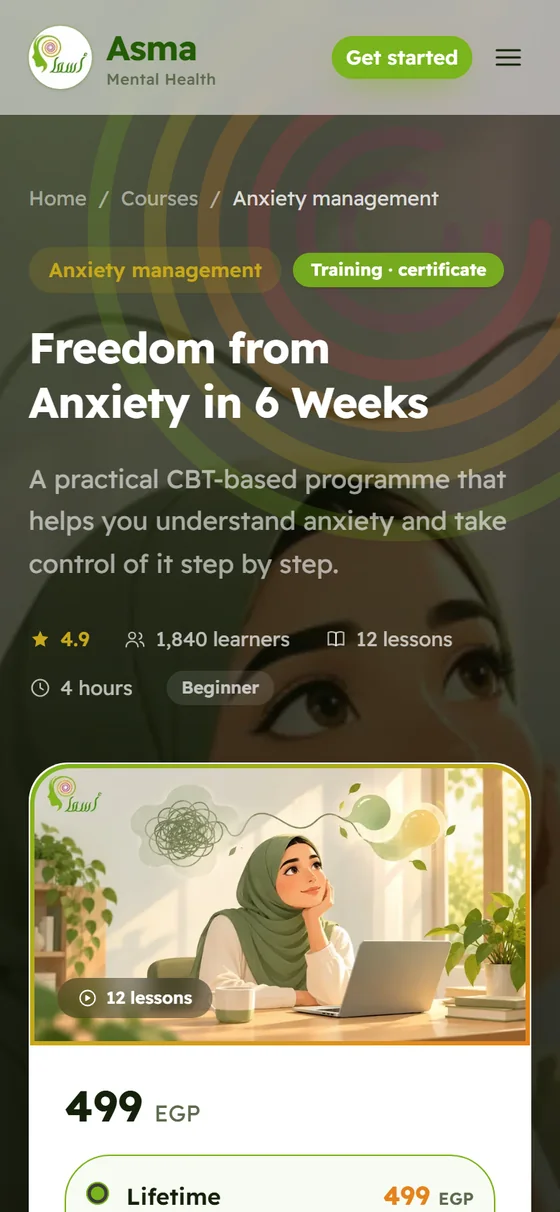 Asma Wellness — The Freedom from Anxiety course page on mobile