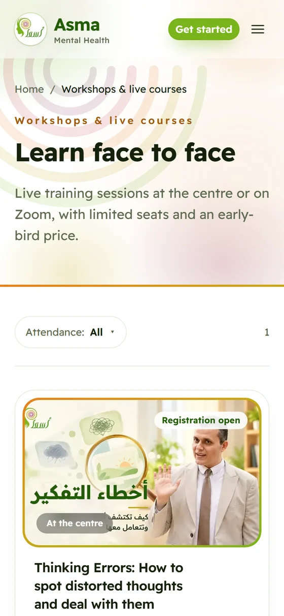 Asma Wellness — The workshops and in-person courses page on mobile