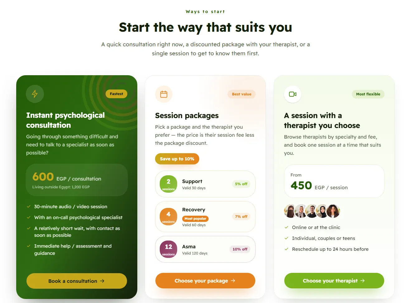 The instant consultation, session packages and single session options on Asma