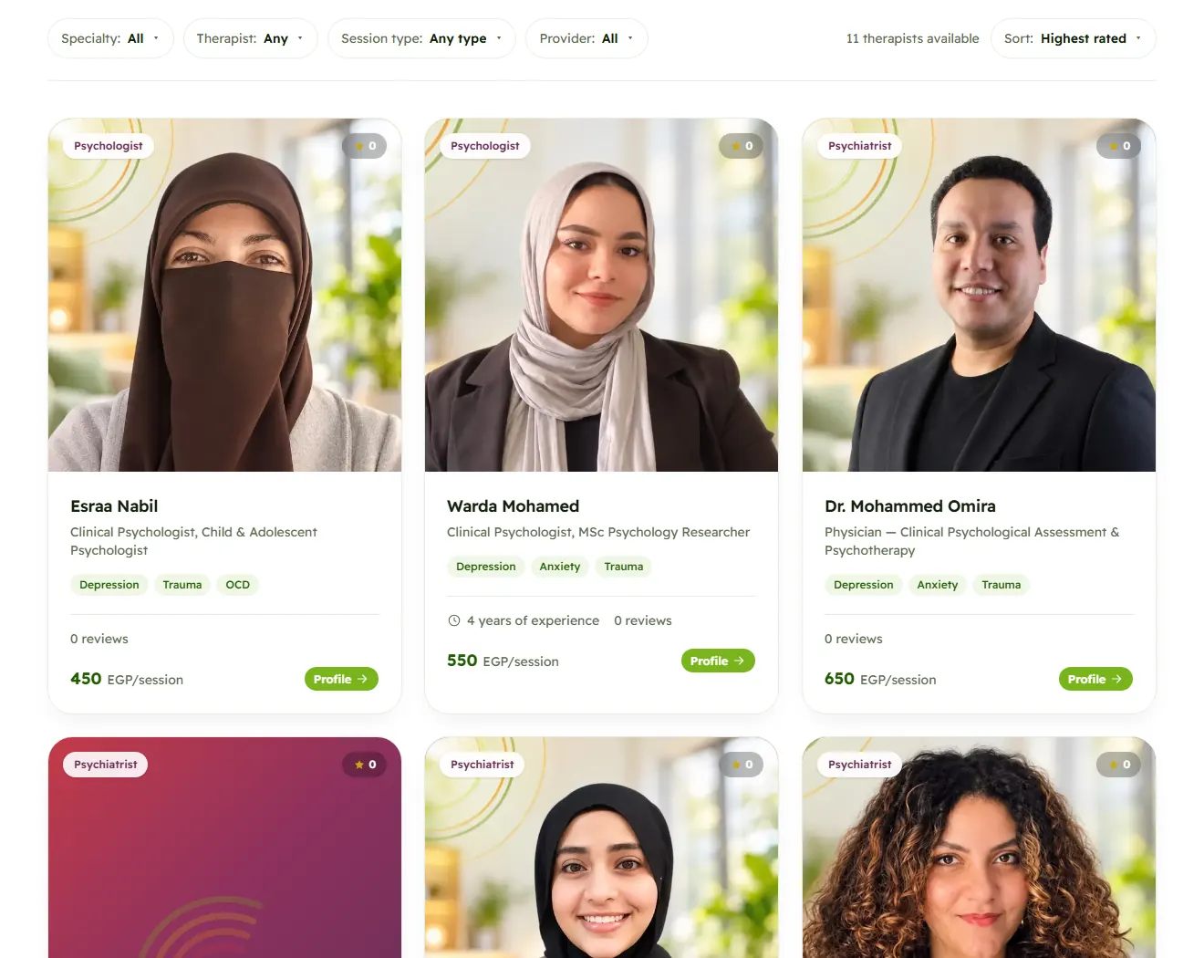 The Asma therapist directory with filters for specialty and session type
