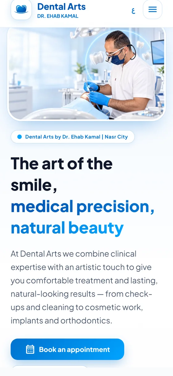 Dental Arts — Dr. Ehab Kamal Clinic — The home page on mobile