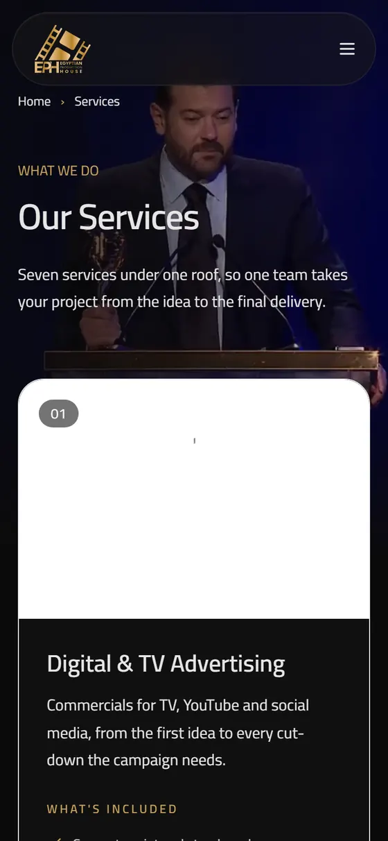 Egyptian Production House — The services page on mobile