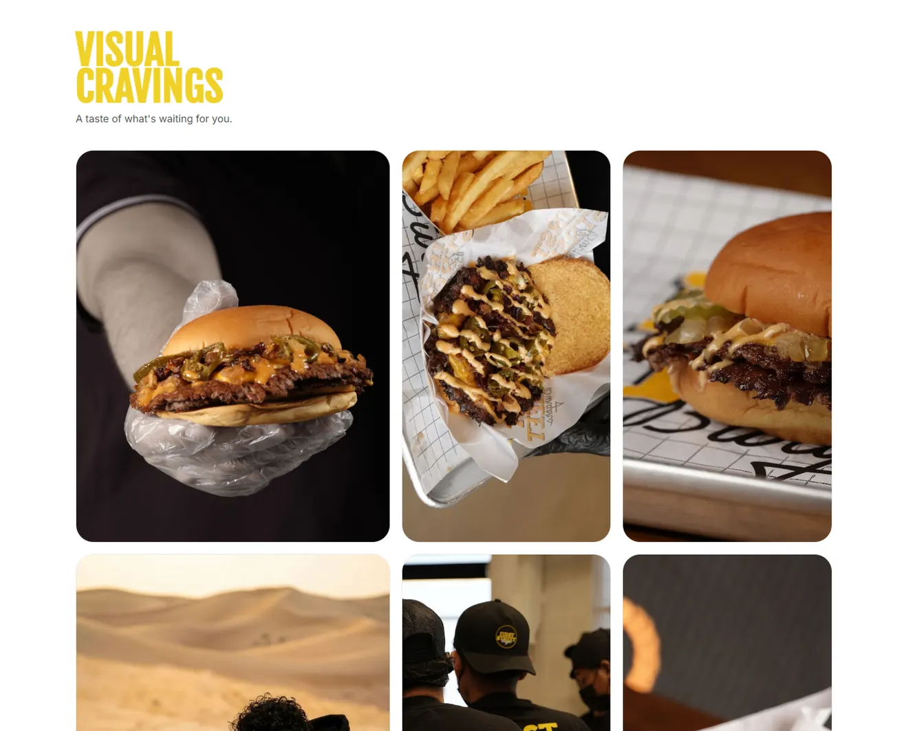 The burger and team photo gallery on the First Street Burgers site