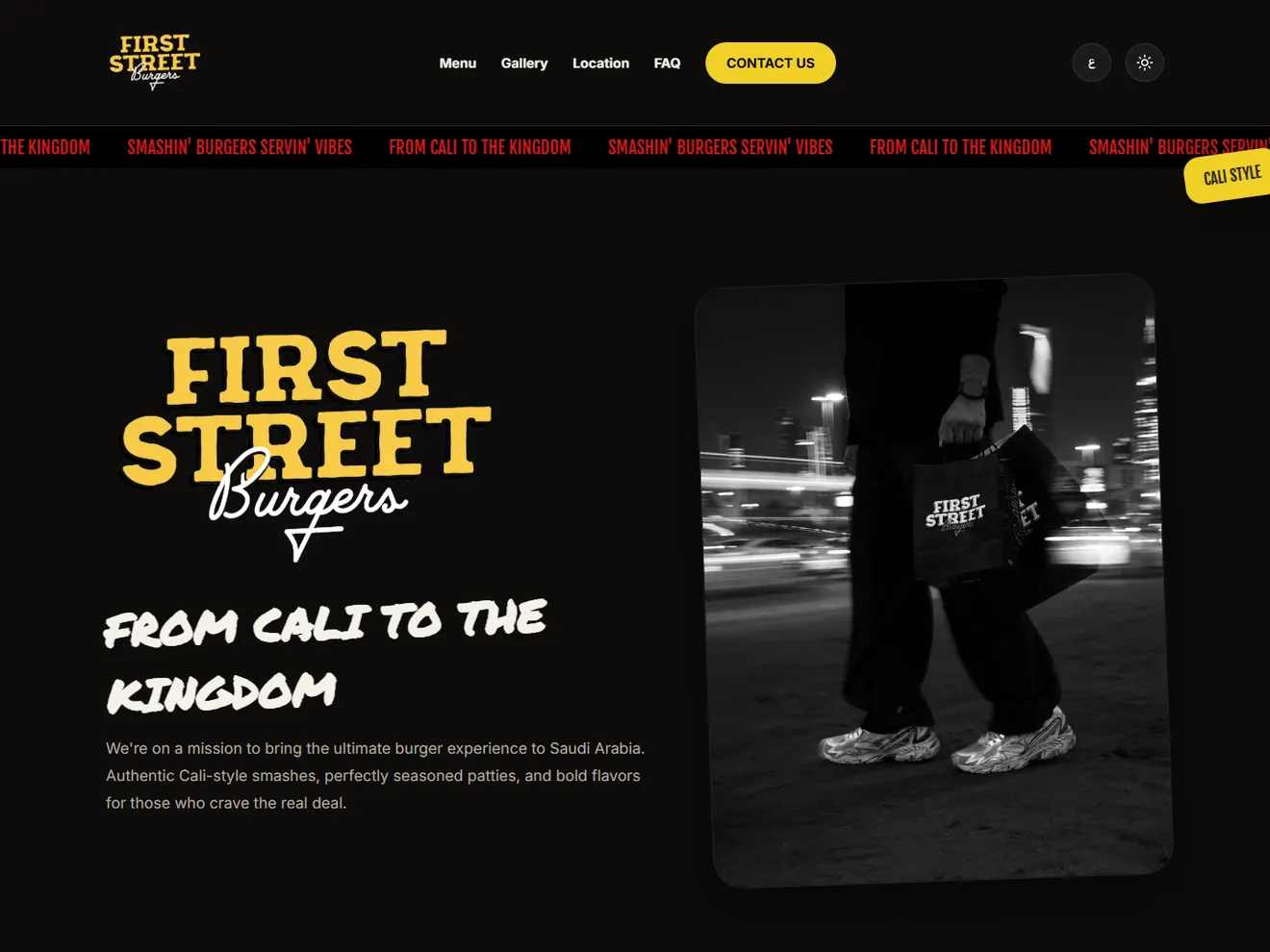 The First Street Burgers home page in dark mode