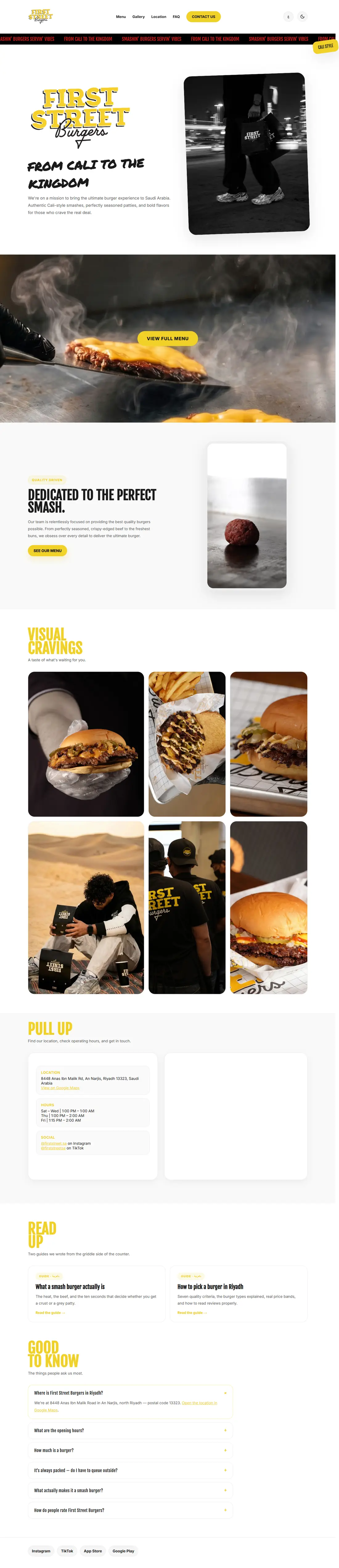 The full English home page of the First Street Burgers site