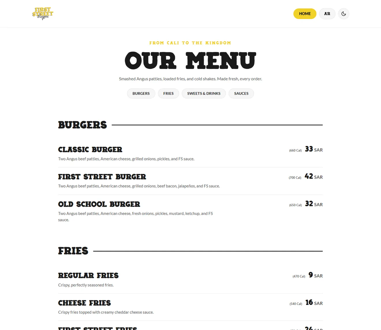 The First Street Burgers menu page with prices and calories