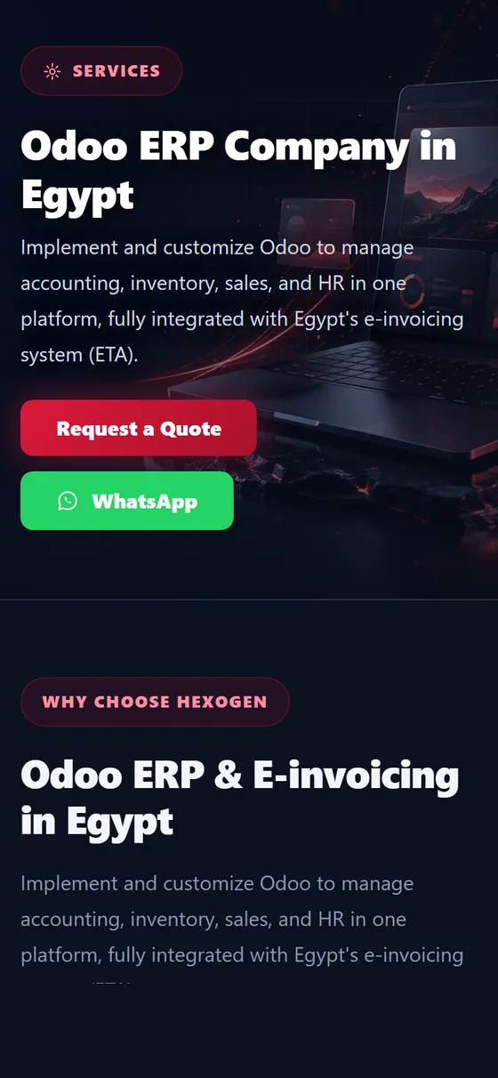 Hexogen Technology — The Odoo ERP service page on mobile