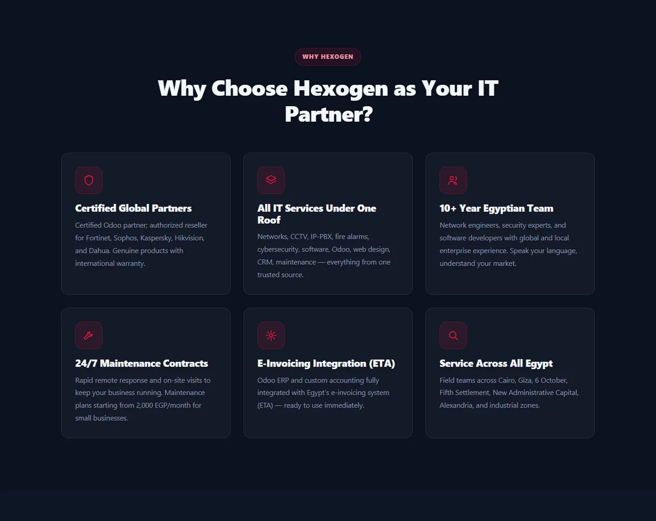 The IT company selection criteria table on the Hexogen site