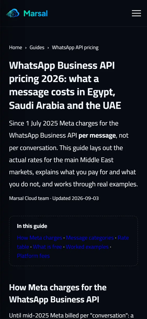 Marsal Cloud — WhatsApp API Platform — The WhatsApp cost calculator on mobile