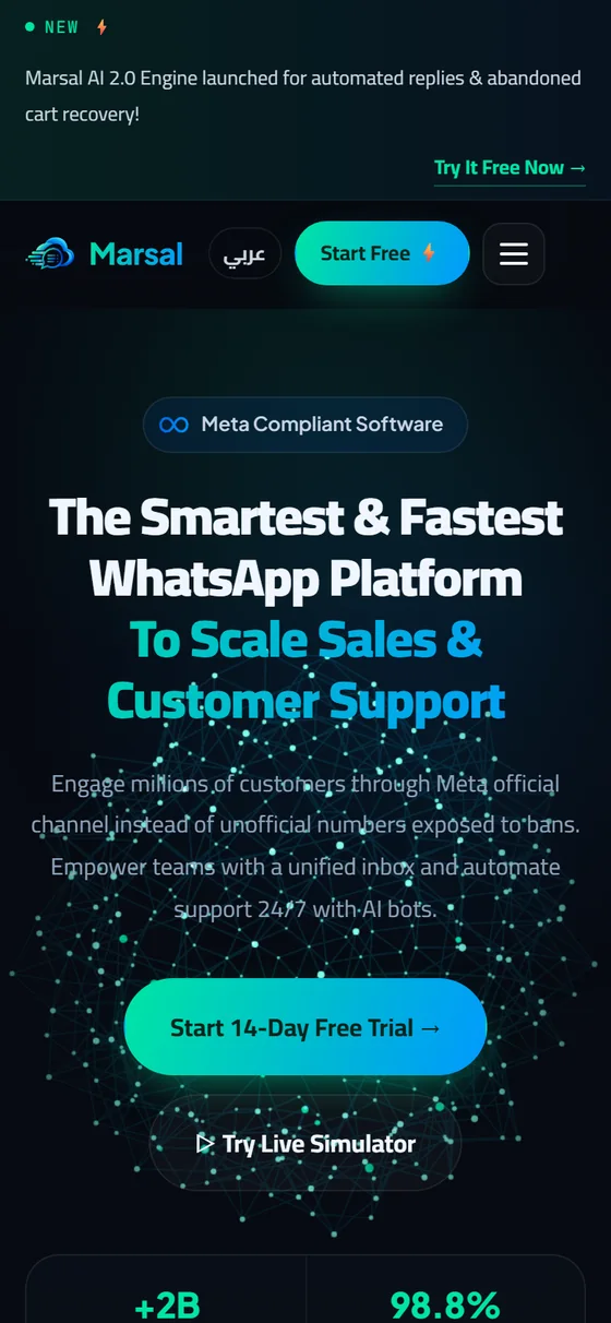 Marsal Cloud — WhatsApp API Platform — The Marsal Cloud home page on mobile