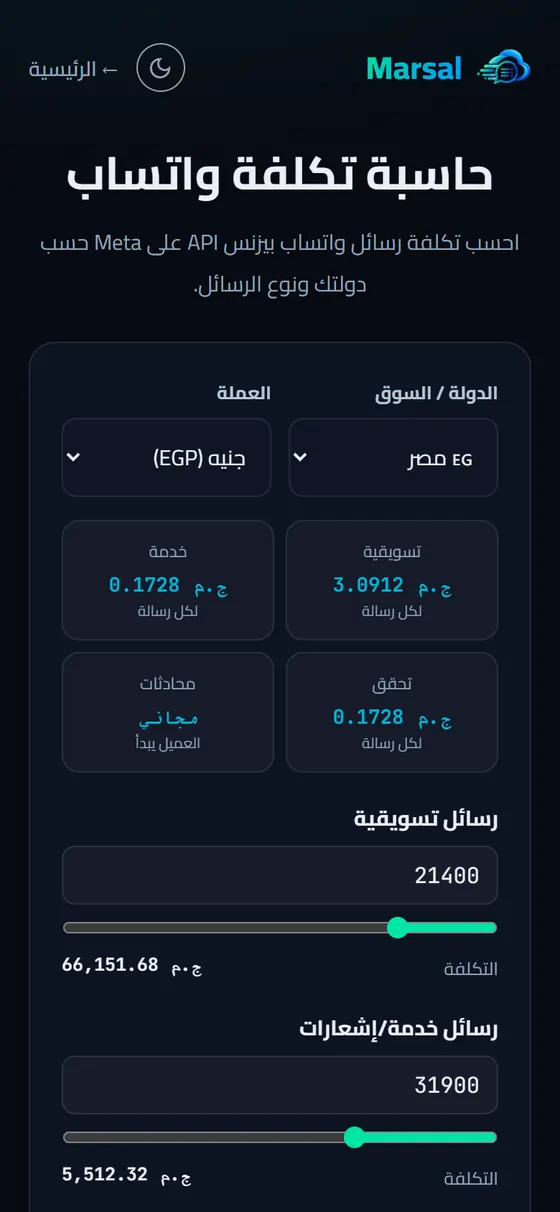 مرسال كلاود — منصة واتساب API — حاسبة تكلفة واتساب على الموبايل