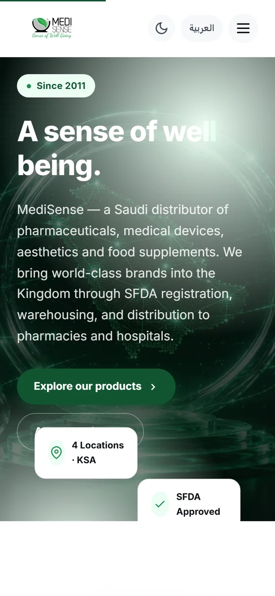 MediSense — The MediSense home page on mobile