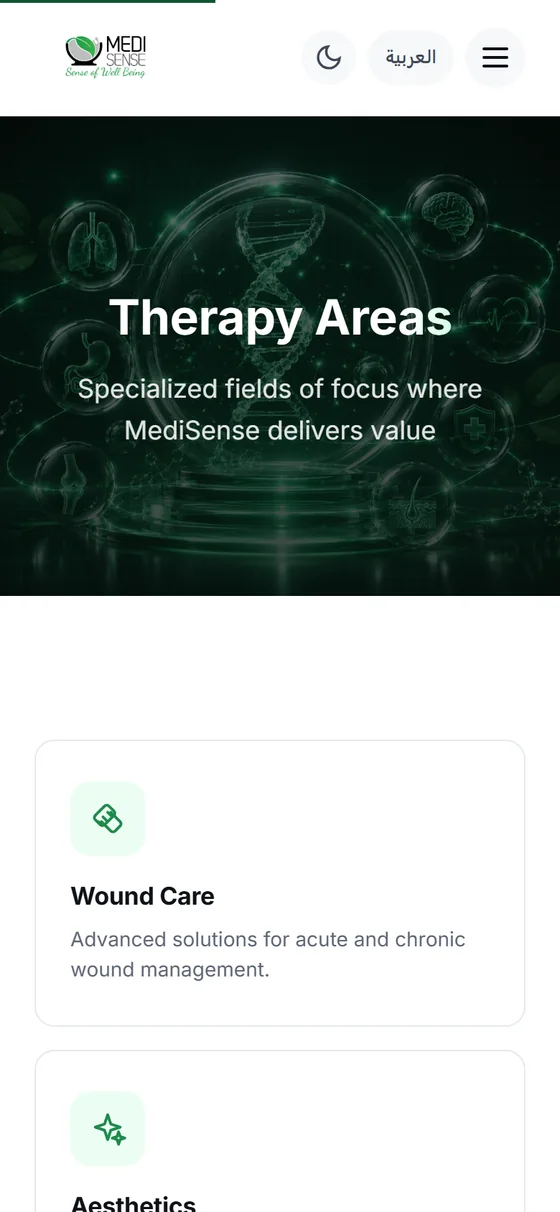 MediSense — The therapy areas page on mobile