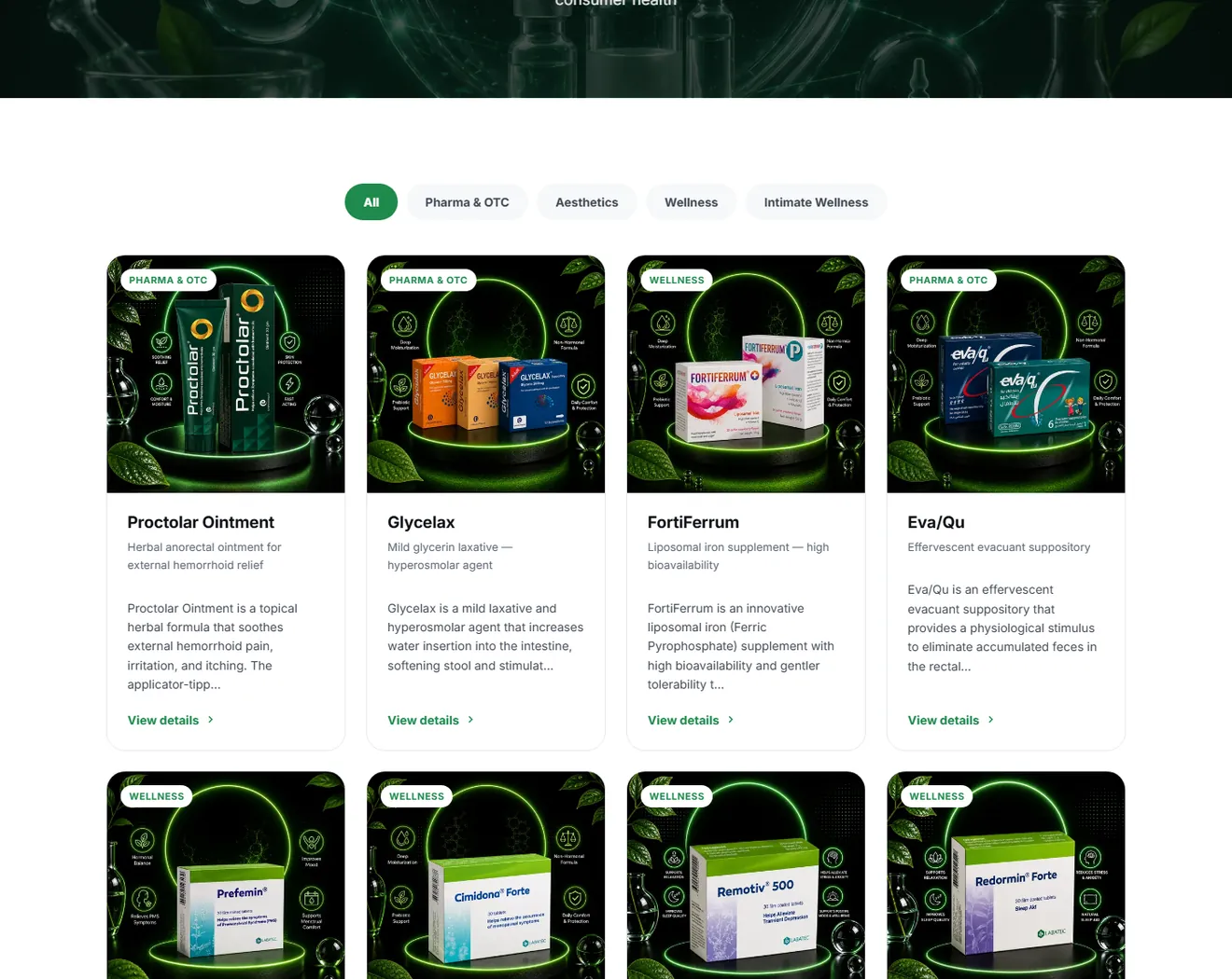 The MediSense product catalogue with category filters