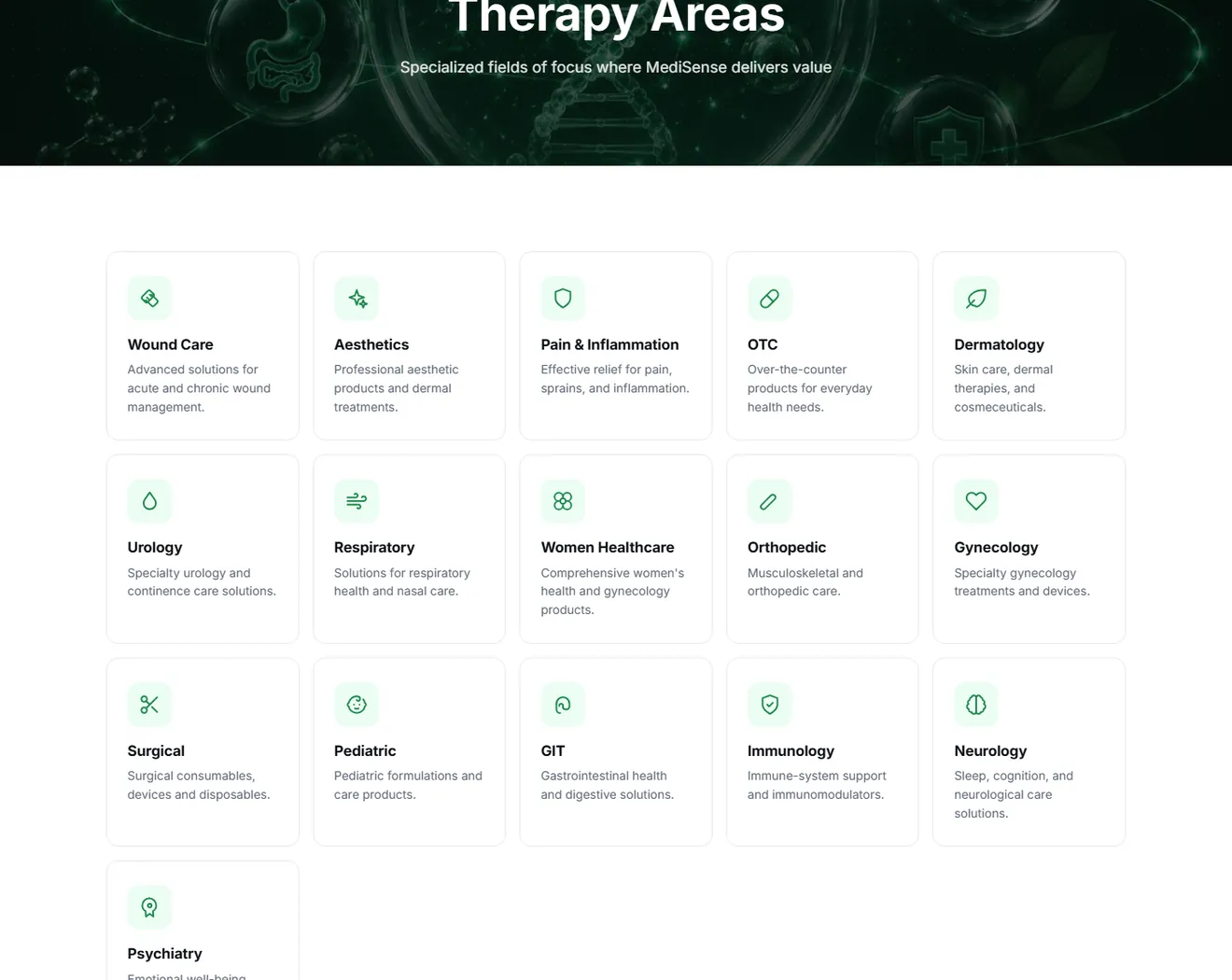 The therapy areas page on the MediSense site