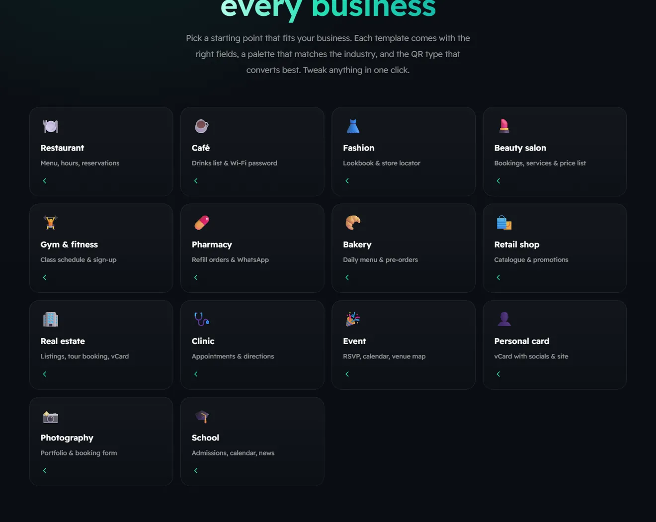 The Ramz ready templates page, sorted by business type